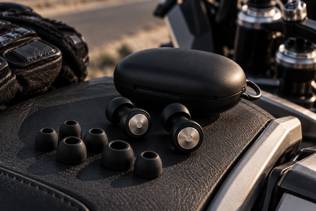 Black earplug kit with a carrying case and six ear-tip pieces on a motorcycle